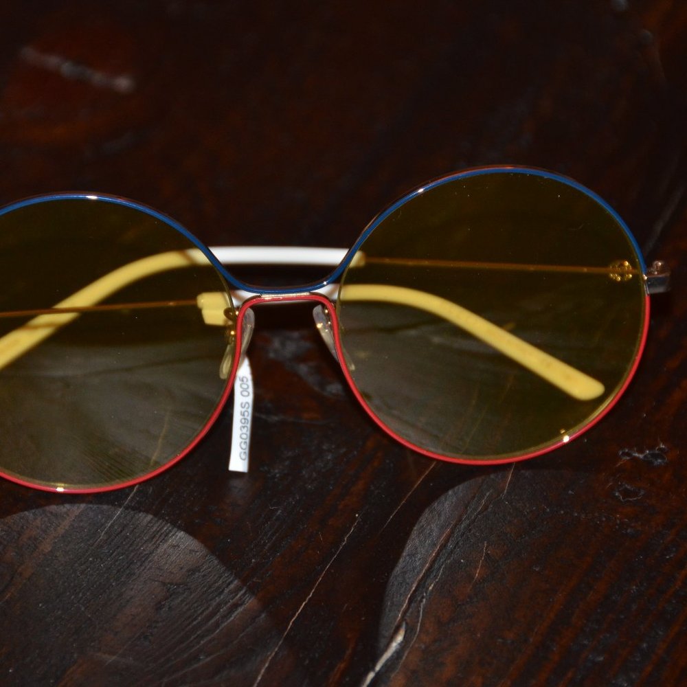 RARE GUCCI YELLOW ROUND GOLD DOUBLE G RED BLUE ITALY OVERSIZED SUNGLASSES GG395S - Picture 3 of 14